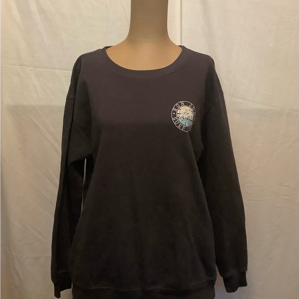 Women’s S Ron Jon Surf Shop Beachy Gray Sweatshirt with Pastel Palm Tree Logo